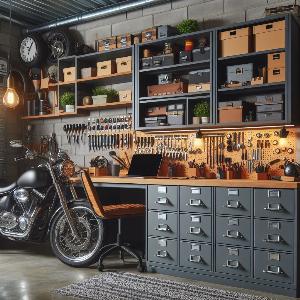 Garage Office Design Ideas with large metal file cabinets to store motorcycle parts-7